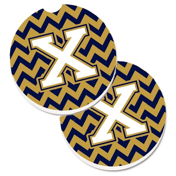 Carolines Treasures Letter x Chevron Navy Blue and Gold Set of 2 Cup Holder Car Coaster CJ1057-XCARC - main